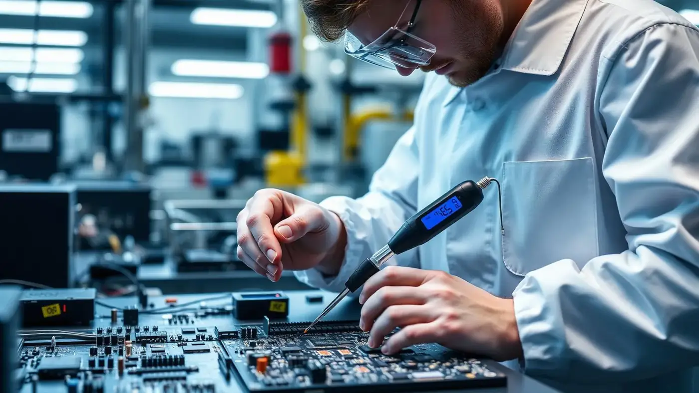 Tehnik meri temperaturo elektronskega vezja v laboratoriju – ponazoritev požarnih tveganj pri elektroniki