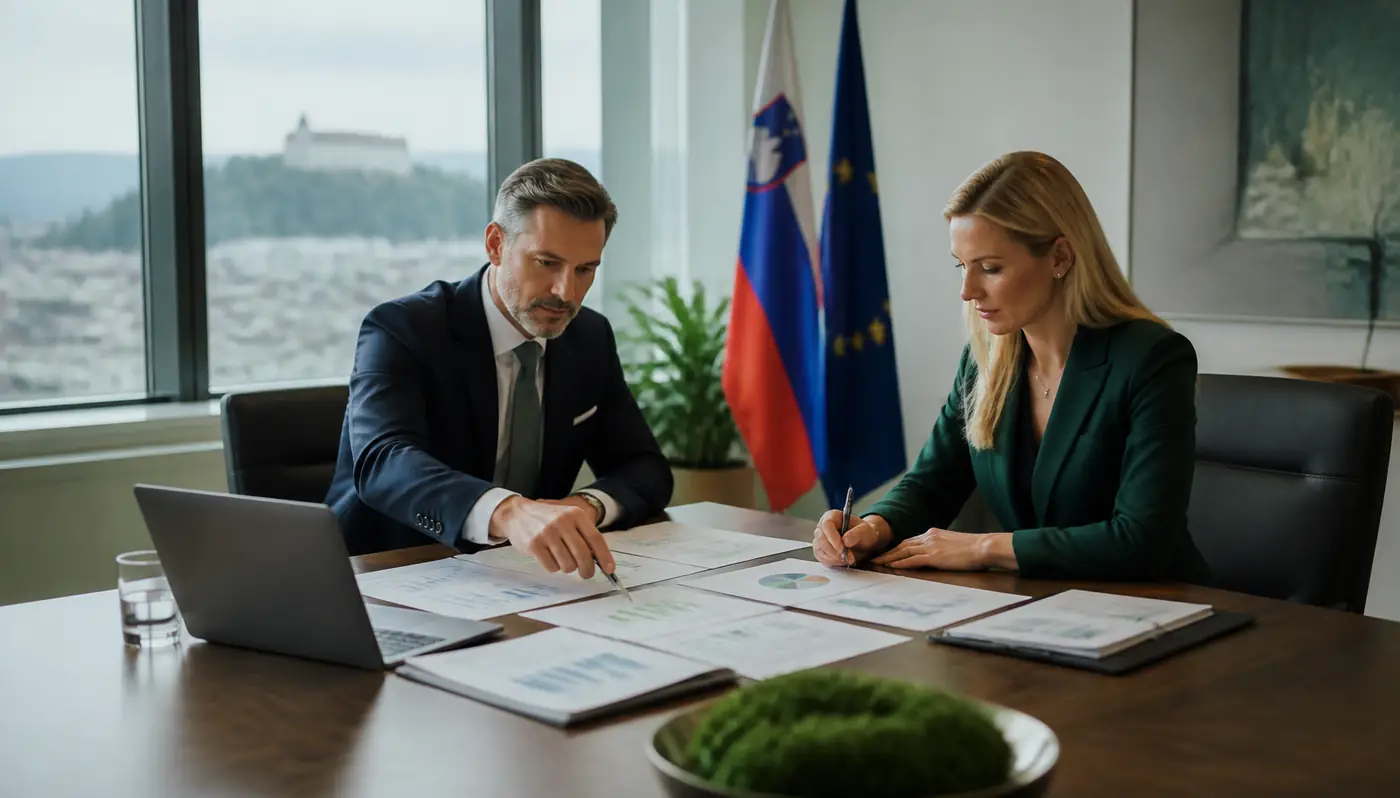 Finančni direktor in upraviteljica tveganj pregledujeta analizo zavarovalnih polic podjetja
