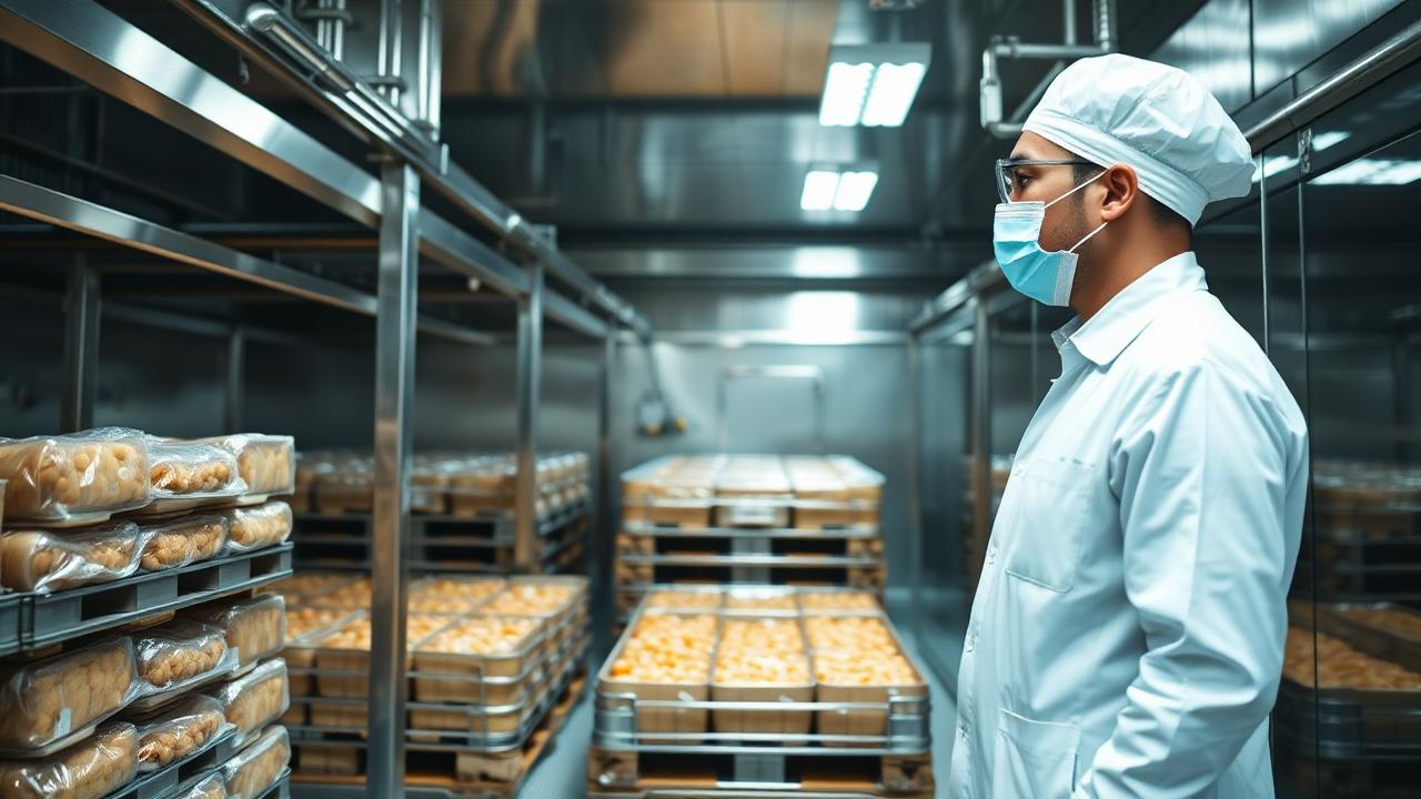 Tehnolog preverja temperaturo v hladilnici živilskega predelovalnega obrata s paletami pakirane hrane