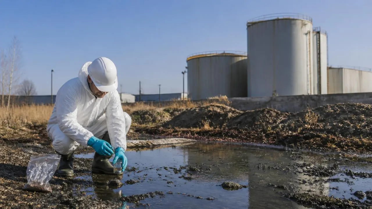 Strokovnjak v zaščitni obleki jemlje vzorec onesnažene vode ob industrijskih rezervoarjih