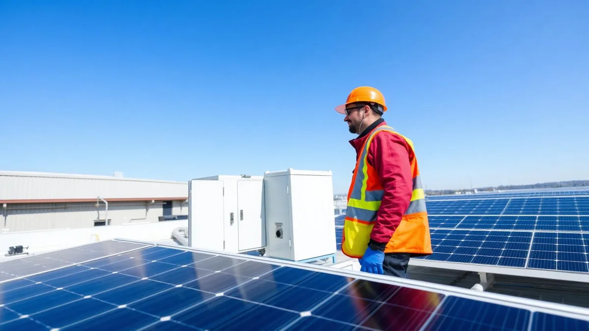 Tehnik v zaščitni opremi pregleduje sončne panele in omaro hranilnika energije na strehi poslovnega objekta